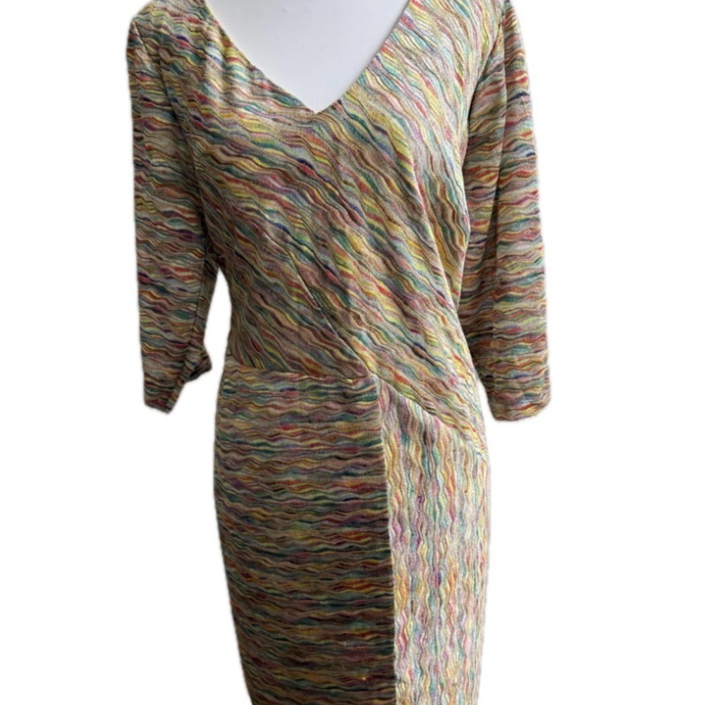 LONDON TIMES PLUS SIZE 14W MULTICOLOR WAVE PRINT MIDI DRESS  V-NECK STRETCH NWT - Picture 4 of 8